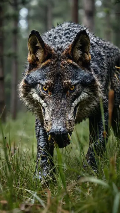 Deep within a wild pine forest lives a male wolf whose color and appearance resemble a crocodile, but which has been genetically transformed into a monster; its eyes hold an intensely ferocious expression. It was barely captured on camera while grazing among the grass. Camera type: Full-frame DSLR, 100MP; Lens: 85mm f/1.8 portrait lens, 35mm wide-angle for video.