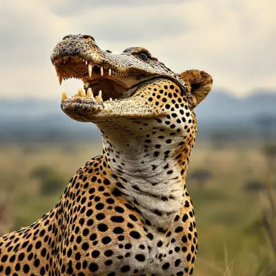 Its head is a crocodile head, its body is a cheetah, its body is realistic, its textures and colors are realistic, UHD 8K realistic sense of anatomical reality. The full-screen African scenery is magnificent;