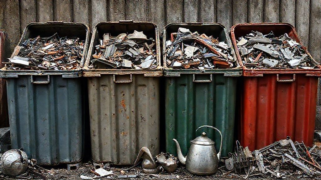 realistic; Four garbage containers filled to the brim with scraps overflowing from them; iron, steel teapots and metal scraps are visible in the picture taken from a different angle.