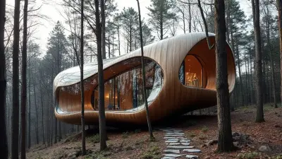 organic shaped house made of glass and wood, nestled in a forest, harmony with nature, zaha hadid style, modern architecture