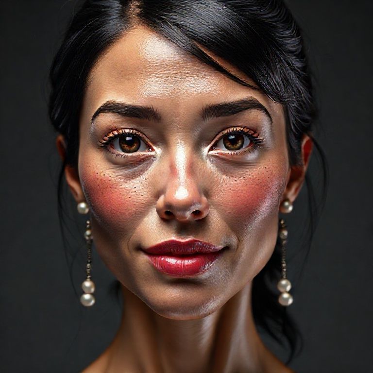 Background: dark gray color, vivid studio lighting from top to bottom, female anatomy on a plain studio background with bright colors and lighting; Ultra-realistic facial detail, ultra-realistic perforated porous skin texture, center-parted messy shiny black hair, ultra-detailed forehead lines, brown iris, watery eyes, ultra-detailed eyelashes, ultra-detailed black eyebrows, small nose, in-focus nose tip detail, ultra-detailed dimpled cheeks, detailed small folds, very wet lips, pink lipstick, small chin, detailed lightly freckled face, ultra-anatomical prominent facial line detail, ultra-detailed facial hair, [micro detail], [ultra detail], sympathetic smile, detailed colorful pearl earrings, accurate physical detail of the woman in accordance with anatomical detail 8K ULTRA HD;