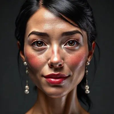 Background: dark gray color, vivid studio lighting from top to bottom, female anatomy on a plain studio background with bright colors and lighting; Ultra-realistic facial detail, ultra-realistic perforated porous skin texture, center-parted messy shiny black hair, ultra-detailed forehead lines, brown iris, watery eyes, ultra-detailed eyelashes, ultra-detailed black eyebrows, small nose, in-focus nose tip detail, ultra-detailed dimpled cheeks, detailed small folds, very wet lips, pink lipstick, small chin, detailed lightly freckled face, ultra-anatomical prominent facial line detail, ultra-detailed facial hair, [micro detail], [ultra detail], sympathetic smile, detailed colorful pearl earrings, accurate physical detail of the woman in accordance with anatomical detail 8K ULTRA HD;