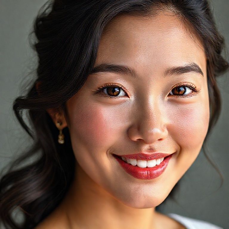 The facial anatomy of a cheerful and attractive woman in her 20s Asian women Natural, 100% makeup-free, captivating, shy, innocent beauty. Natural facial structure, extremely realistic anatomical skin texture. Extremely detailed, focused facial structure with deeply detailed skin pores and wavy black hair. Fine, deep forehead lines and sharp details. Brown iris eyes. Extremely detailed, micro-focused lashes. Extremely detailed, micro-focused, ultra-detailed black eyebrows. Small, focused nose. Extremely detailed, natural cheekbones. Detailed lips. Extremely detailed, focused pink, juicy, wet lips. Small, elegant oval chin. Beautifully detailed facial features. Anatomically defined facial line detail. Ultra-detailed processing. Micro-detailed aging pore structure. Focused, detailed earrings. Realistic, vibrant, and ultra-realistic details. Unfiltered, extremely detailed 8K HD image.