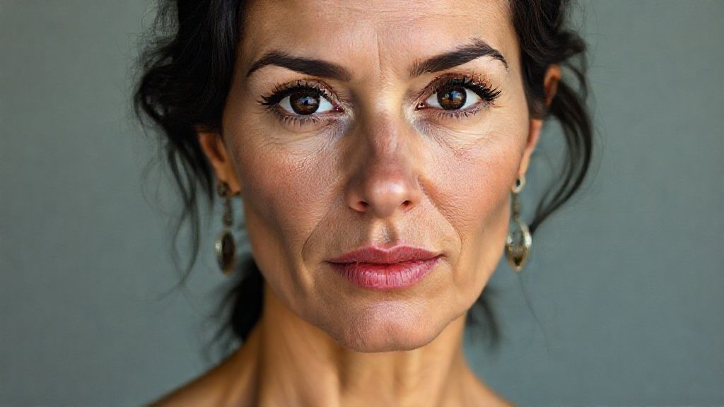 A striking and serious woman in her 40s; facial and body anatomy: Natural, 100% makeup-free, attractive, sensual, wild beauty. Natural facial structure, very realistic anatomical skin texture. Extremely detailed facial structure with deeply detailed skin pores and wavy black hair. Fine, deep forehead lines and sharp details. Black iris eyes. Extremely detailed, micro-focused lashes. Extremely detailed, micro-focused, ultra-detailed black eyebrows. Small, focused nose. Extremely detailed, natural cheekbones. Detailed lip contours. Extremely detailed, focused pink pastel wet lips. Small oval chin. Beautifully detailed facial features. Anatomically defined facial line detail. Micro-detailed facial hair. Micro-detailed aging pore structure. Ultra-detailed earrings. Slender woman. Neck (detailed anatomical micro-textures). Realistic color tones, ultra-realistic detailed photograph.(no face filter) Micro-detailed without screen filters.