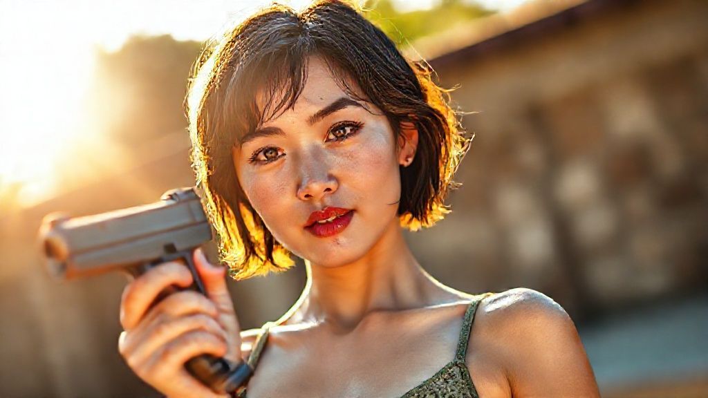 It's a sunny summer day, the sun shining from the left. She's holding a gray metallic pistol. The Chinese woman in her 20s has short, wet, wavy hair, prominent wet blue irises, small, juicy lips with pink undertones, a short chin, bright rose cheekbones, thick eyebrows, prominent dimples, and a few freckles. She has short shoulders, small, slender breasts, a slim waist, wide hips, a knitted leaf thong, and red high heels. The sunlight reflects off her face and body with a golden hue, completing the composition. Camera type: Full-frame DSLR 100MP Lens: 85mm f/1.8 portrait lens 35mm wide-angle;