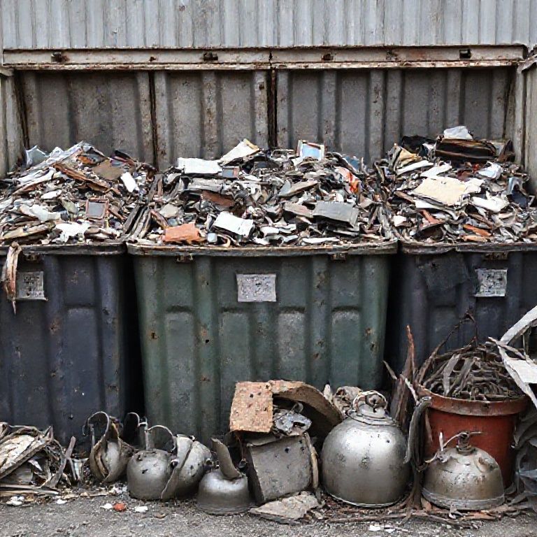 Four garbage containers filled to the brim with scraps overflowing from them; iron, steel teapots and metal scraps are visible in the picture taken from a different angle.