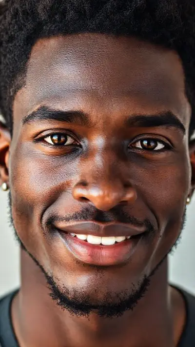 The facial anatomy of a cheerful and attractive man in her 20's African man Natural, %100 makeup-free, captivating, shy, innocent beauty. Natural facial structure, extremely realistic anatomical skin texture. Extremely detailed, facial structure with deeply detailed skin pores and wavy black hair. Fine, deep forehead lines and sharp details. Brown iris eyes. Extremely detailed, micro-focused lashes. Extremely detailed, micro-focused, ultra-detailed black eyebrows. Small, focused nose. Extremely detailed, natural cheekbones. Detailed lips. Extremely detailed, focused pink, juicy, wet lips. Small, elegant oval chin. Beautifully detailed facial features. Anatomically defined facial line detail. Ultra-detailed processing. Micro-detailed aging pore structure. Focused, detailed earrings. Realistic, vibrant, and ultra-realistic details. Unfiltered, extremely detailed 16K ultra HD image.