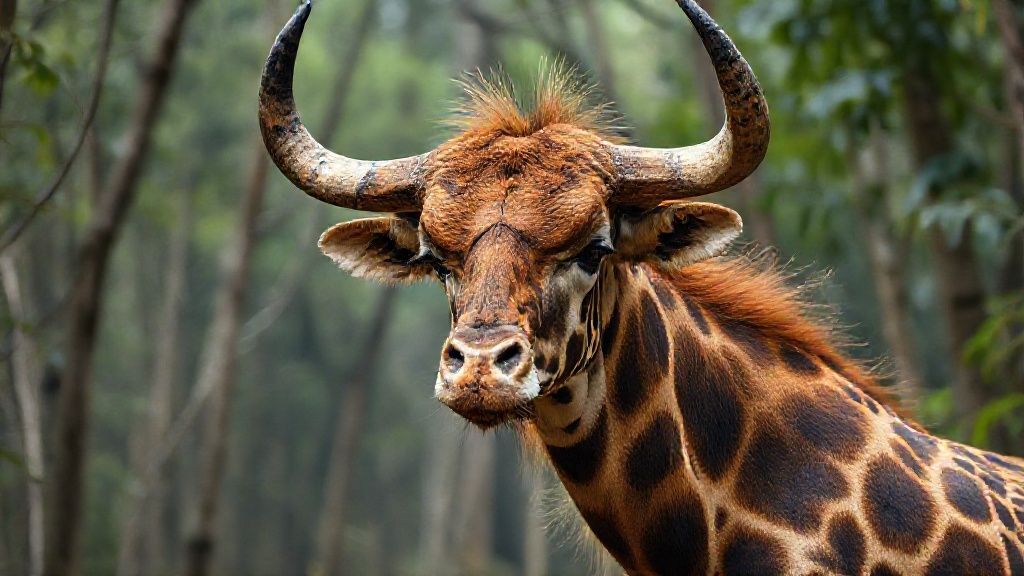 Physically very similar to a giraffe, this bull-like creature is a unique being with its colors and ferocious appearance; an almost mutated, evolved beast, captured in documentary-quality footage. Its extremely wild and detailed fur creates a stunning image in its natural habitat in a rural swamp lake forest. The ultra-realistic animal textures were recorded remotely with a professional 35mm DSLR camera for 8K Ultra HD documentary filmmakers.