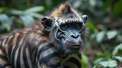 A unique animal that physically resembles an ape but has zebra-like coloring and a bizarre appearance; a mutated, evolved animal captured in documentary-quality footage. Its extremely wild and detailed fur creates a very impressive sight in the jungle. Filmed remotely with a professional 35mm DSLR camera for Ultra HD documentary filmmakers.