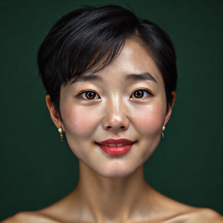 Dark green background, dim studio lighting, Korean female anatomy on a plain studio background, 14 year old woman without makeup, ultra-realistic facial details, ultra-realistic perforated porous skin texture, messy shiny short black hair parted in the middle, ultra-detailed forehead lines, brown iris, watery eyes, ultra-detailed eyelashes, ultra-detailed black eyebrows, small nose, focused nose tip detail, ultra-detailed dimpled cheeks, detailed small folds, very wet lips, pink lipstick, small chin, detailed light freckled face, ultra-anatomical prominent facial line detail, ultra-detailed facial hair, (micropore detail), (ultra photo detail), cute, horny smile, detailed colorful pearl earrings, ultra-realistic anatomical alignment detail and ultra-detailed textures;