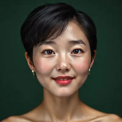 Dark green background, dim studio lighting, Korean female anatomy on a plain studio background, 14 year old woman without makeup, ultra-realistic facial details, ultra-realistic perforated porous skin texture, messy shiny short black hair parted in the middle, ultra-detailed forehead lines, brown iris, watery eyes, ultra-detailed eyelashes, ultra-detailed black eyebrows, small nose, focused nose tip detail, ultra-detailed dimpled cheeks, detailed small folds, very wet lips, pink lipstick, small chin, detailed light freckled face, ultra-anatomical prominent facial line detail, ultra-detailed facial hair, (micropore detail), (ultra photo detail), cute, horny smile, detailed colorful pearl earrings, ultra-realistic anatomical alignment detail and ultra-detailed textures;