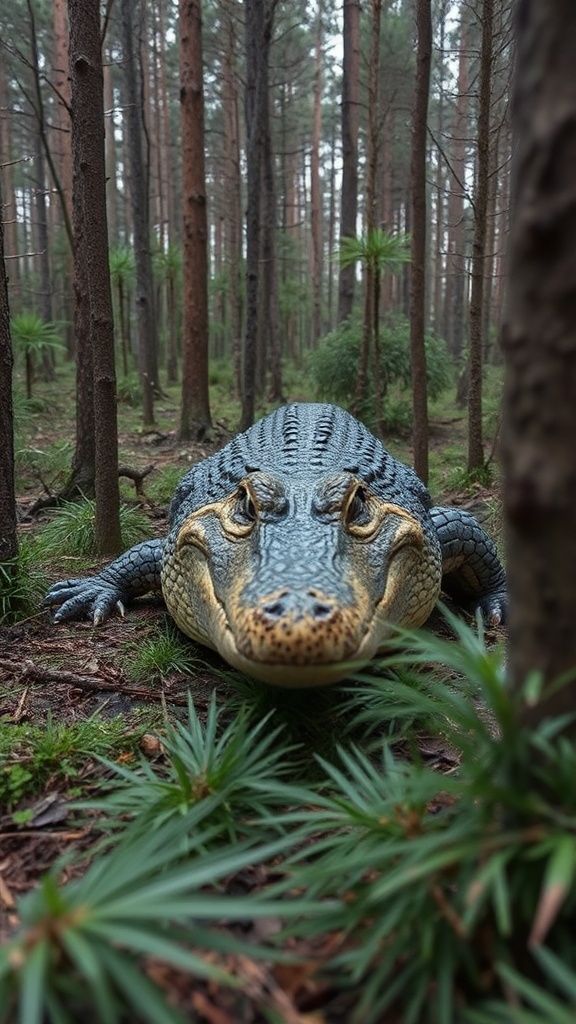 Deep in a wild pine forest, a creature resembling a crocodile in color and appearance, but genetically a wolf and bearing an intensely ferocious expression in its eyes, was barely caught on camera as it moved among the trees.