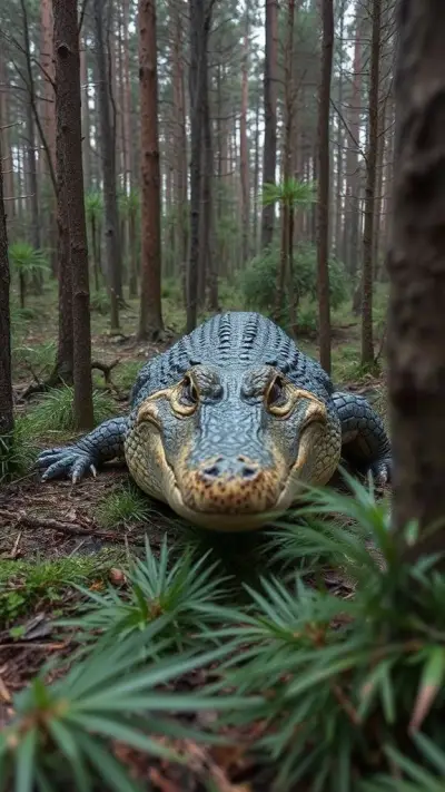 Deep in a wild pine forest, a creature resembling a crocodile in color and appearance, but genetically a wolf and bearing an intensely ferocious expression in its eyes, was barely caught on camera as it moved among the trees.