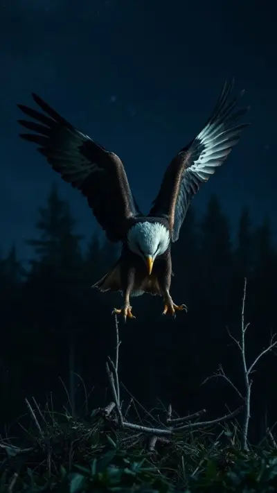 At night, a wolf-like, mutated eagle displays terrifyingly aggressive and frightening behavior in the forest. This documentary-quality video, shot with a cinematic 8K Ultra HD drone camera, captures the scene.