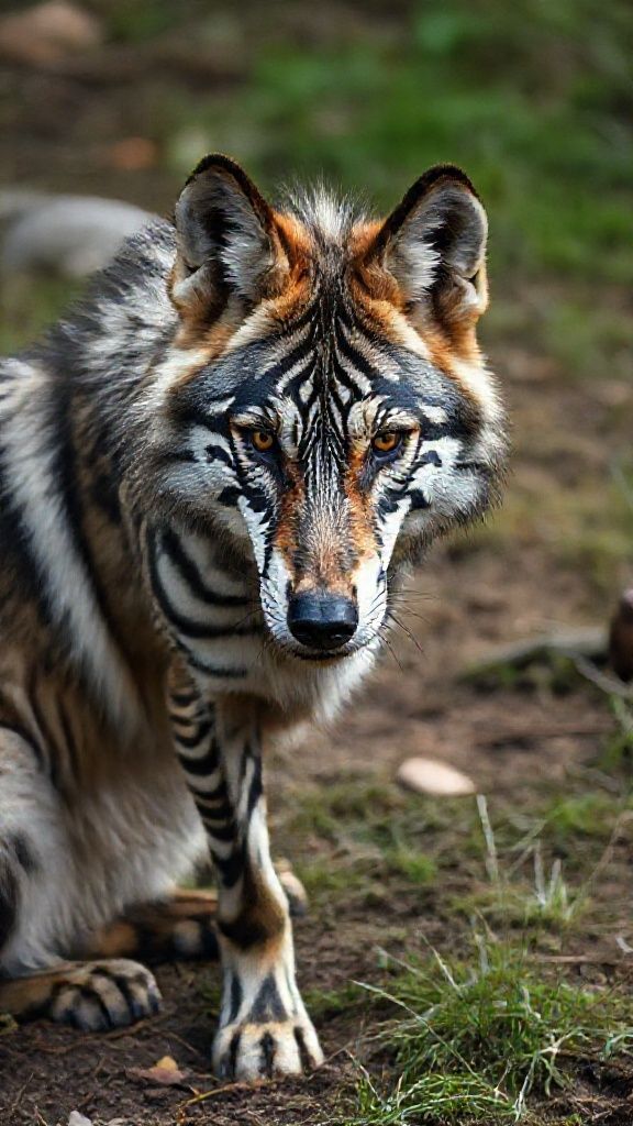A unique animal that physically resembles a wolf but has zebra-like coloring; a mutated, evolved animal captured in documentary-quality images with an 85mm DSLR lens.