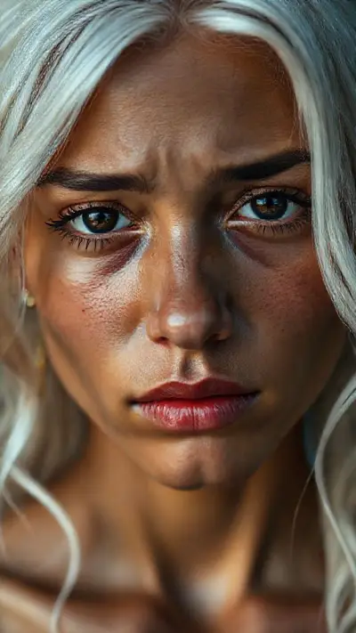 The anatomy of a 16-year-old, sad and weeping Brazilian woman. Natural, 100% makeup-free, captivating, shy, tearful beauty. Natural facial structure, extremely realistic anatomical skin texture. Deeply detailed skin pores and sides interwoven with wavy white hair, an extremely detailed, focused facial structure. Fine, deep forehead lines and sharp details. Black iris eyes. Extremely detailed, micro-focused lashes. Extremely detailed, micro-focused, ultra-detailed black eyebrows. Large, pointed, focused nose. Extremely detailed, natural dimples. Detailed, full lips. Extremely detailed, focused red, juicy, wet lips. Small, elegant pointed chin. Beautifully detailed facial features. Anatomically defined facial line detail. Ultra-detailed processing. Micro-detailed aging pore structure. Focused, detailed earrings. Ultra-realistic, vibrant and ultra-realistic details. Unfiltered, extremely detailed 8K HD image.
