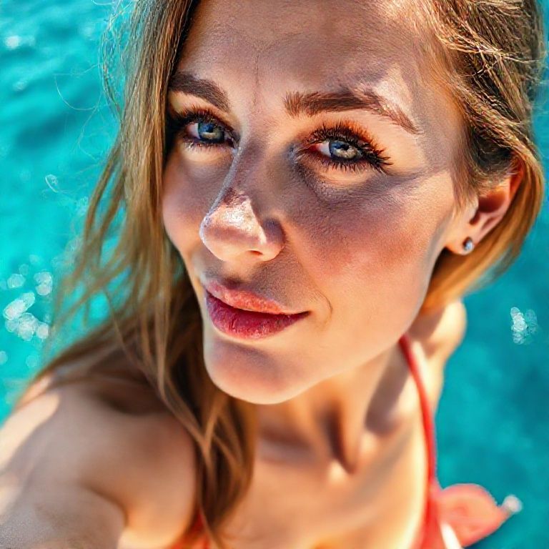 42-year-old Norwegian model, left: sunlight, sharp iris detail, subtle reflections, moist tear line, natural lashes, ultra-detailed face, natural skin pores, cheek shadows, high-resolution lash texture, realistic light on the bridge of the nose, tear lines, realistic shading, moist, full lips, soft, ultra-natural shine, light rose color, light skin texture, defined lip curves, flirty, understated demeanor, broad shoulders, small bust (rose color, detail of the chest area), skimpy bikini and a little belly fat, fit hips and very sexy buttocks, red heels, beautiful woman posing, high-angle camera (selfie shot), realistic light reflections, sunny shadows, prominent ultra-scleral veins, ultra-detailed anatomical facial, body line and wrinkle detail. Blue ocean background, bright;