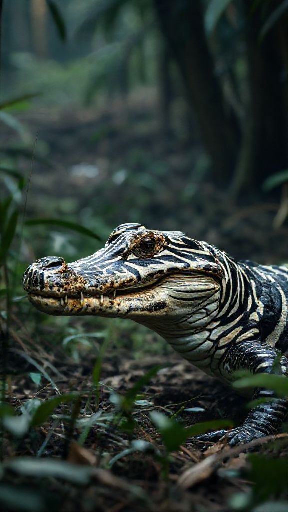 A crocodile disguised as a zebra, an animal with incredibly realistic wild patterns that silently watches its surroundings from the depths of the forest, is created in a wildlife documentary-like composition with an anatomically realistic structure 8K ultra detailed,