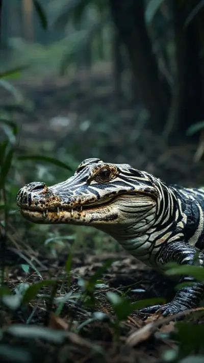 A crocodile disguised as a zebra, an animal with incredibly realistic wild patterns that silently watches its surroundings from the depths of the forest, is created in a wildlife documentary-like composition with an anatomically realistic structure 8K ultra detailed,