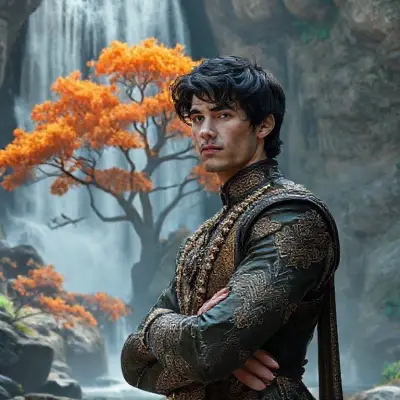 a man with dark short hair and he has great prince dress and he has a vibranium arm behind of the him there is a  waterfall with orange tree