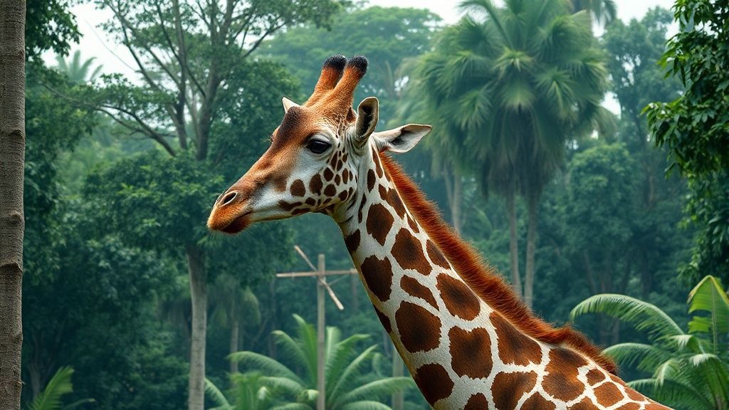 A genetically mutated giraffe in the Amazon forests that looks like a wolf. Ultra-realistic 8K animal image.