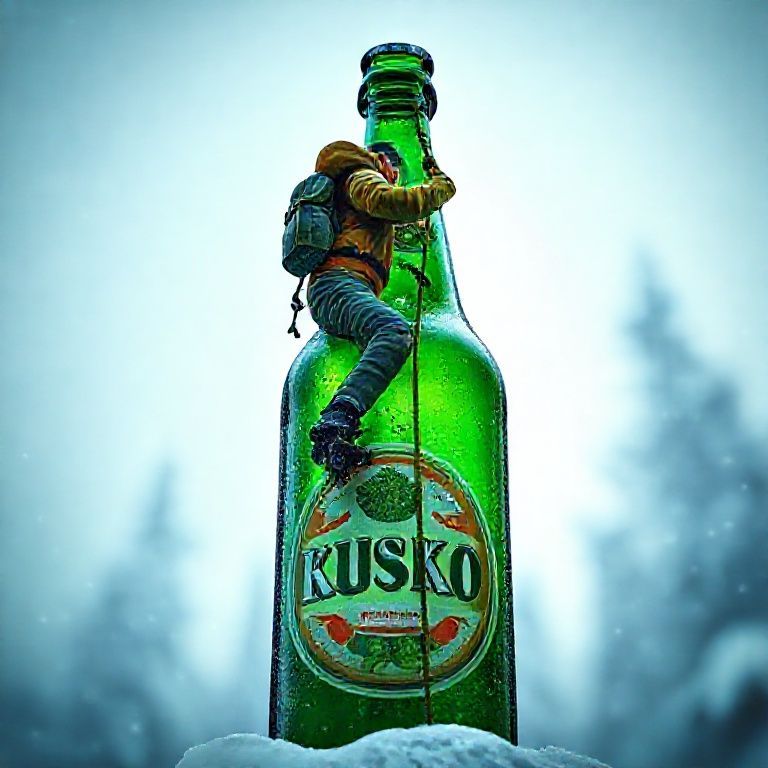 a green beer bottle. The label reads "KUSKİ" in oval letters. It features images of hops and brewer's barley. The bottle is extremely detailed, and a man climbs up from the bottom of the bottle by looping a rope around its mouth. Extremely detailed. The man climbs with mountaineering equipment one-quarter the size of the bottle. This commercial takes place in a chilly atmosphere. The subject is a well-ordered and balanced anatomical structure, harmonious with the composition. 8K Ultra HD