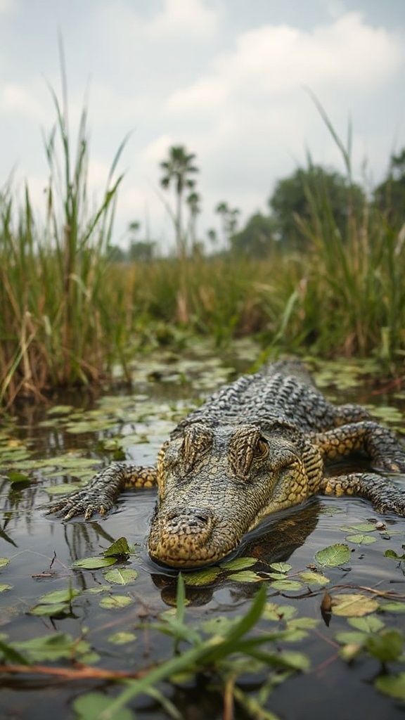 A unique animal that physically resembles a crocodile but has carp-like coloring and a bizarre appearance; a mutated, evolved animal captured in documentary-quality footage. Its extremely wild and detailed fur creates a very impressive sight in its mystical environment, a rural swamp lake. Filmed remotely with a professional 35mm DSLR camera for Ultra HD documentary filmmakers.