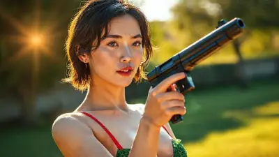 It's a sunny summer day, the sun shining from the left. Holding a gun, the woman exudes true aestheticism. The Chinese woman, in her 20s, has short, wet, wavy hair, prominent wet blue irises, small, juicy lips with a pink undertone, a short chin, bright rose cheekbones, thick eyebrows, prominent dimples, and a few freckles. She has short shoulders, small, slender breasts, a slim waist, wide hips, a knitted leaf thong, and red heels. The sunlight reflects off her face and body with a golden hue, completing the composition. Camera type: Full-frame DSLR 100MP Lens: 85mm f/1.8 portrait lens 85mm wide-angle; ultra-detailed, vibrant colors and textures
