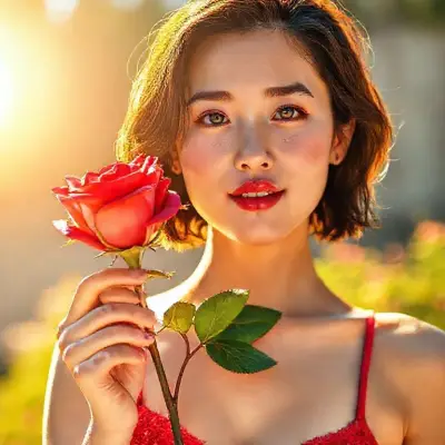 It's a sunny summer day, the sun shining from the left. Holding a rose, the woman creates a truly aesthetically pleasing image. The Chinese woman, in her 20s, has short, wet, wavy hair, prominent wet blue irises, small, juicy lips with a pink undertone, a short chin, bright rose-colored cheekbones, thick eyebrows, prominent dimples, and a few freckles. She has short shoulders, small, slender breasts, a slim waist, wide hips, a knitted leaf thong, and red heels. The sunlight reflects off her face and body with a golden hue, completing the composition. Camera type: Full-frame DSLR 100MP Lens: 85mm f/1.8 portrait lens 85mm wide-angle; ultra-detailed, vibrant colors and textures;