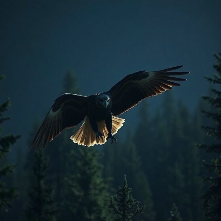 At night, a wolf-like, mutated eagle displays terrifyingly aggressive and frightening behavior in the forest. This documentary-quality video, shot with a cinematic 8K Ultra HD drone camera, captures the scene.