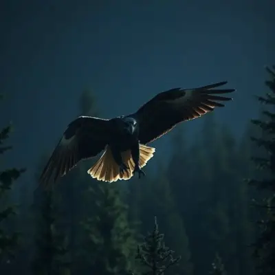 At night, a wolf-like, mutated eagle displays terrifyingly aggressive and frightening behavior in the forest. This documentary-quality video, shot with a cinematic 8K Ultra HD drone camera, captures the scene.