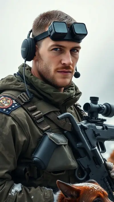 A soldier in a cold mountain setting. A man in his twenties, 180 cm tall, weighing 70 kg, with short-cropped hair; wearing Turkish commando camouflage, with a thermal camera (model 2026) on his eyes, a radio headset in his ear, a small radio in his upper left pocket, and a state-of-the-art sniper rifle with a scope in his hand. An African wild dog is also present. The weather is cold and somewhat foggy. An ultra-realistic, cinematic depiction of a soldier with focused detail. Camera type: Full-frame DSLR 50MP. Lenses: 85 mm f/1.8 portrait lens, 35 mm wide-angle lens.