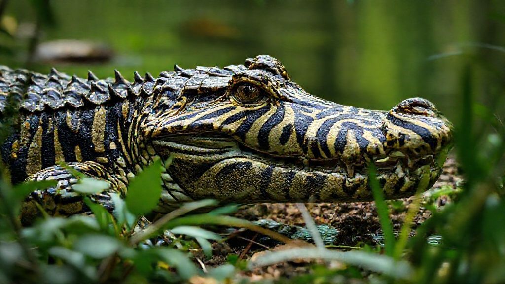 A crocodile disguised as a zebra, an animal with incredibly realistic wild patterns that silently watches its surroundings from the depths of the forest, is created in a wildlife documentary-like composition with an anatomically realistic structure 8K