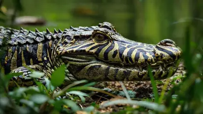 A crocodile disguised as a zebra, an animal with incredibly realistic wild patterns that silently watches its surroundings from the depths of the forest, is created in a wildlife documentary-like composition with an anatomically realistic structure 8K