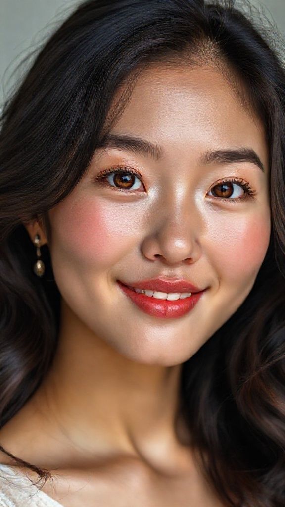 The facial anatomy of a cheerful and attractive woman in her 20's Asian women Natural, 50% makeup-free, captivating, shy, innocent beauty. Natural facial structure, extremely realistic anatomical skin texture. Extremely detailed, facial structure with deeply detailed skin pores and wavy black hair. Fine, deep forehead lines and sharp details. Brown iris eyes. Extremely detailed, micro-focused lashes. Extremely detailed, micro-focused, ultra-detailed black eyebrows. Small, focused nose. Extremely detailed, natural cheekbones. Detailed lips. Extremely detailed, focused pink, juicy, wet lips. Small, elegant oval chin. Beautifully detailed facial features. Anatomically defined facial line detail. Ultra-detailed processing. Micro-detailed aging pore structure. Focused, detailed earrings. Realistic, vibrant, and ultra-realistic details. Unfiltered, extremely detailed 32K ultra HD image.