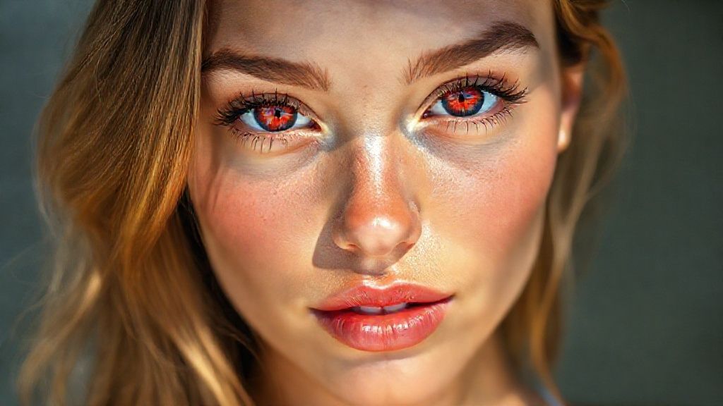 22-year-old, sweet model slim fit bikini body, toned (bright light red iris eyes) sharp iris detail, subtle reflections, moist tear line, natural lashes, ultra-detailed face, natural skin pores, soft cheek shadows, high-resolution lash texture, realistic light on the bridge of the nose, tear lines, realistic shading, moist full lips, soft ultra natural sheen, light rose color, subtle skin texture, visible lip folds, realistic light reflection, sunny shadows, visible scleral veins, 85 mm+ mycro anatomic detailed lens;