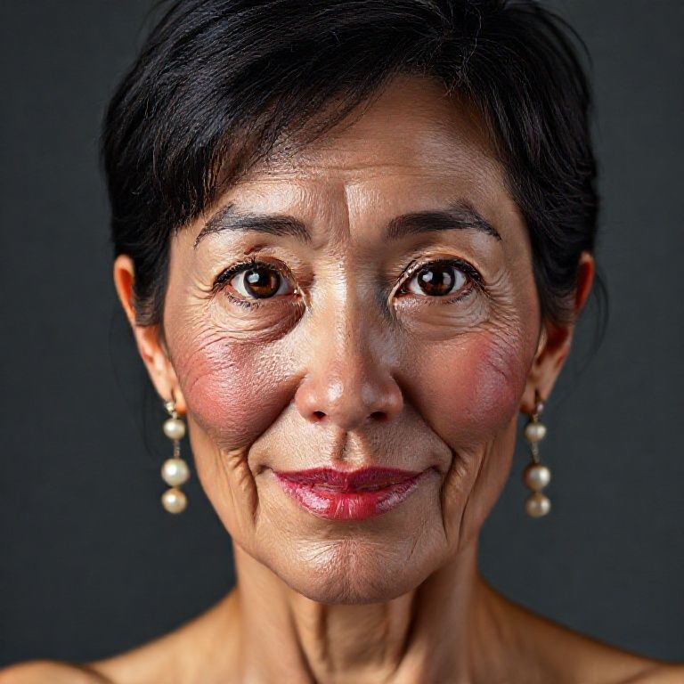 Background: dark gray color, vivid studio lighting from top to bottom, 65 Y.O. female anatomy on a plain studio background with bright colors and lighting; Ultra-realistic facial detail, ultra-realistic perforated porous skin texture, center-parted messy shiny black hair, ultra-detailed forehead lines, brown iris, watery eyes, ultra-detailed eyelashes, ultra-detailed black eyebrows, small nose, in-focus nose tip detail, ultra-detailed dimpled cheeks, detailed small folds, very wet lips, pink lipstick, small chin, detailed lightly freckled face, ultra-anatomical prominent facial line detail, ultra-detailed facial hair, [micro detail], [ultra detail], sympathetic smile, detailed colorful pearl earrings, accurate physical detail of the woman in accordance with anatomical detail;
