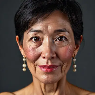 Background: dark gray color, vivid studio lighting from top to bottom, 65 Y.O. female anatomy on a plain studio background with bright colors and lighting; Ultra-realistic facial detail, ultra-realistic perforated porous skin texture, center-parted messy shiny black hair, ultra-detailed forehead lines, brown iris, watery eyes, ultra-detailed eyelashes, ultra-detailed black eyebrows, small nose, in-focus nose tip detail, ultra-detailed dimpled cheeks, detailed small folds, very wet lips, pink lipstick, small chin, detailed lightly freckled face, ultra-anatomical prominent facial line detail, ultra-detailed facial hair, [micro detail], [ultra detail], sympathetic smile, detailed colorful pearl earrings, accurate physical detail of the woman in accordance with anatomical detail;