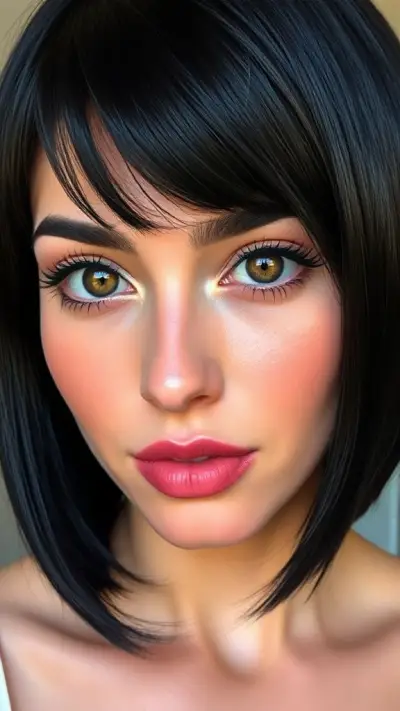 Black hair, short bob cut, shiny, thick hair, thick, detailed black eyebrows, brown eyes with ultra-detailed, wet irises, a very romantic look, detailed eyelashes, a small hazelnut nose, a silver piercing in her left nostril, finely detailed lips with glossy curves and highly detailed pink lipstick, lightly tanned fair skin, small, shiny earrings in her ear, prominent cheekbones and cheeks, age lines around her eyes and forehead, ultra-detailed skin and pores. The woman is a 22-year-old