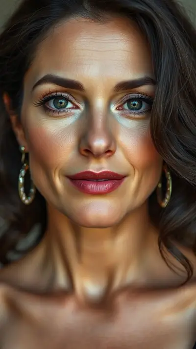 Lovely woman in her 40s, face and body, anatomy: Natural, natural, attractive, no-makeup beauty. Natural facial structure, very realistic anatomical skin texture. Highly detailed facial structure with deeply detailed skin pores and wavy black hair. Precise, deep forehead lines and sharp details. Black iris eyes. Highly detailed, micro-focused eyelashes. Highly detailed, micro-focused, ultra-detailed black eyebrows. Small, focused nose. Highly detailed, natural cheekbones. Small, vague mouth. Detailed lip curves. Highly detailed, focused pink pastel wet lips. Small oval chin. Beautifully detailed facial features. Anatomically defined facial line detail. Micro-detailed facial hair. Ultra-detailed earrings. Micro-detailed aging pore structure. Slim fit woman. Belly and chest area detail (detailed anatomical micro-textures) (small, firm breasts). Genetic ultra-realistic detailed photo. Micro-realistic detailed face without a screen face filter.