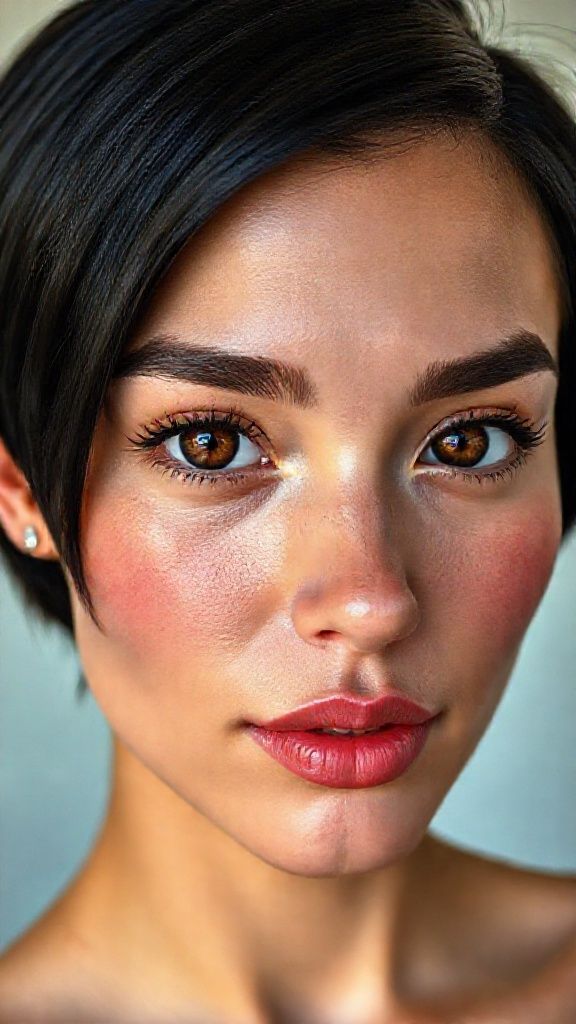 Black hair, short bob cut, shiny, thick hair, highly detailed thick black eyebrows, brown eyes with ultra-detailed wet irises, highly detailed eyelashes, small hazelnut nose, silver piercing in left nostril, finely detailed lips with glossy curves and highly detailed pink lipstick, lightly tanned fair skin, small shiny earrings in her ear, pronounced cheekbones and aging lines on her cheeks, around her eyes, and on her forehead, ultra-detailed skin and pores. 22 years old, professionally shot from the chest up, cinematically photographed, with ultra-realistic anatomical and genetic aging details, all shot in real time, without any filters.