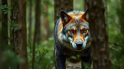 Deep in a wild pine forest, a creature resembling a crocodile in color and appearance, but genetically a wolf with an intensely ferocious expression in its eyes, was barely caught on camera as it moved among the trees; a wolf with ultra-realistic textures and vibrant colors.