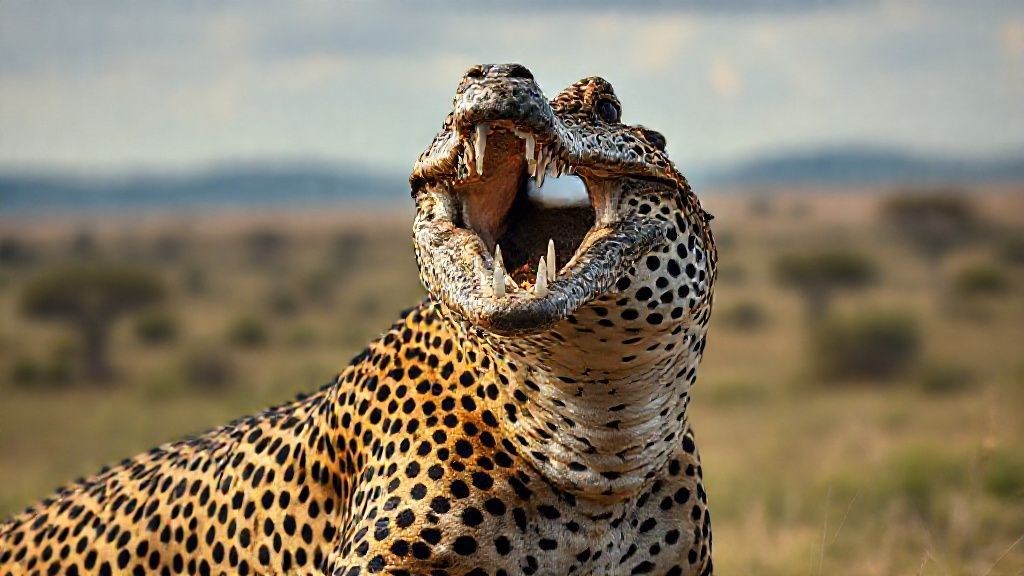 Anatomical reality Its head is a crocodile head, its body is a cheetah, its body is realistic, its textures and colors are realistic. Anatomical reality 8K. Full screen African landscape is magnificent 85mm DSLR camera;