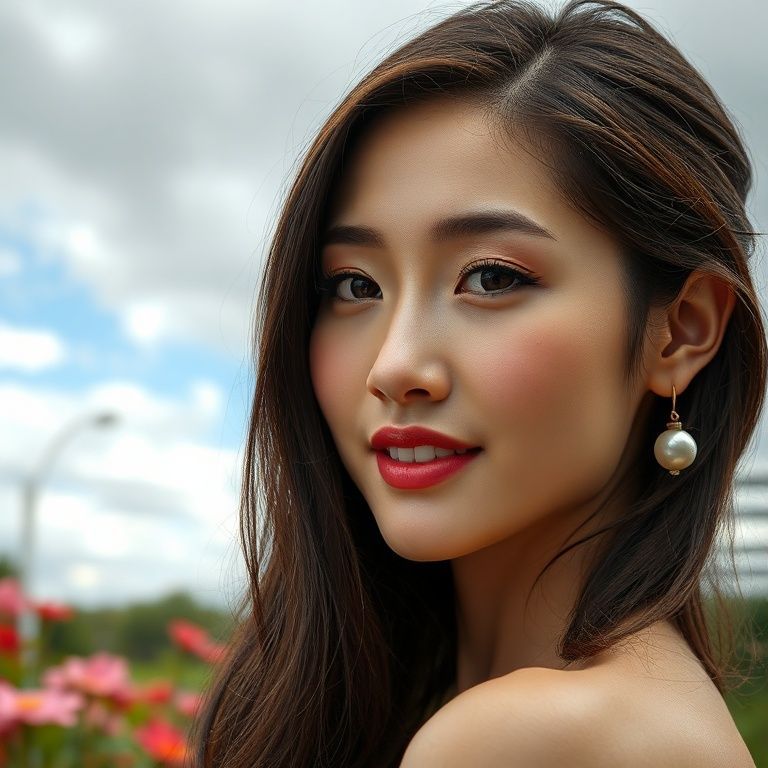 Korean female model, Playboy star anatomy, natural beauty, woman in her 30s in a garden under a beautiful cloudy sky, ultra-realistic natural facial detail, ultra-realistic natural facial structure with holes in the pores, shiny long brown hair combed back with shadows, ultra-detailed deep forehead lines, brown iris, watery eyes, ultra-detailed eyelashes, ultra-detailed black eyebrows, small nose, focused nose tip detail, ultra-detailed natural dimpled cheeks, detailed small lip curves, very wet pink lips, small chin, light freckles, ultra-anatomical prominent facial line detail, ultra-detailed facial hair, micro-detailed pore structure, ultra-realistic expression, cute, fierce smile, highly detailed rustic pearl earrings, ultra-realistic anatomical detail, and ultra-realistic detailed textures.  erotic face small tits body ultra detailedPosing directly for the camera Realistic full-frame DSLR 100MP Lens: 85mm f/1.8 portre lensi 35mm lens: 256K 5000MP PROFESİONAL CAMERA