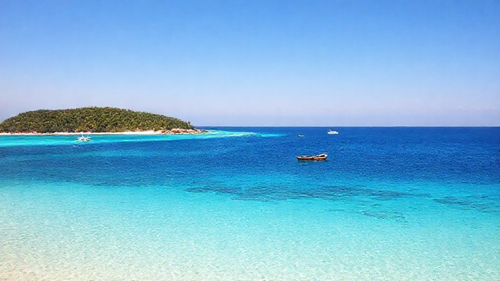 In the foreground lies an exceptionally clear ocean, transitioning from turquoise to deep blue.
The sea is so clear that even shallow patches of sand and rocky structures can be seen through the water.
The shoreline, shaped like a peninsula/ledge with a thin line of white sand extending into the sea, has created a natural beach language.

Beach and Land
The beach is covered with pristine white, soft, fine-grained sand.
Several wooden fishing boats and boats of various sizes are moored near the shore.
As you move inland, a densely verdant, wooded area opens up. Tropical trees and shrubs add a natural richness to the view.
Behind the trees, a more inland settlement, small structures, and a few larger buildings can be discerned.

Sea Movement
Across the vast ocean:

Several small boats,
Motorboats leaving a light trail on the water,
A small sailboat-like canoe-like vessel is seen moving in the wind on the left.

Atmosphere and Light
A time when the sun is nearing sunset or sunrise; slightly soft, golden yellow tones.
The sky is a light pastel shade, cloudless or slightly overcast.
The overall photo conveys the calm, warm, and peaceful feeling of a tropical island vacation.