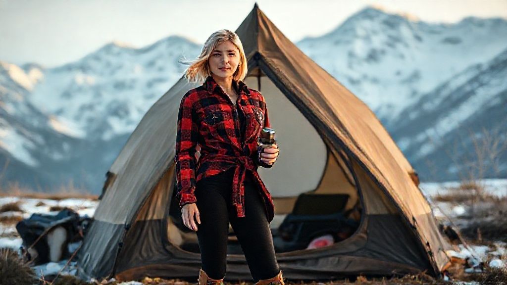 Ultra detailed A woman in her twenties, attractive and detail-oriented, stands in front of a camping tent in the mountains. The air is cold and icy. She is of medium height, with short, ultra detailed straight blonde hair and fair skin. Her hair flutters in the wind. She is wearing a black plaid, slim-fit red lumberjack shirt tied at the waist, black tight underwear, and brown hiking boots, holding a coffee grinder in her hand. Ultra detailed The air is cold and clear, with realistic details, vivid colors, and a cinematic atmosphere suitable for an Ultra HD scene.