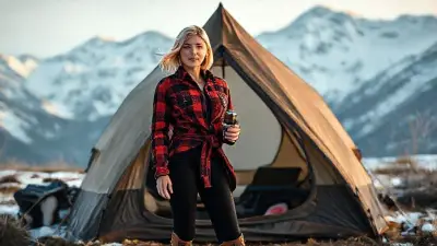 Ultra detailed A woman in her twenties, attractive and detail-oriented, stands in front of a camping tent in the mountains. The air is cold and icy. She is of medium height, with short, ultra detailed straight blonde hair and fair skin. Her hair flutters in the wind. She is wearing a black plaid, slim-fit red lumberjack shirt tied at the waist, black tight underwear, and brown hiking boots, holding a coffee grinder in her hand. Ultra detailed The air is cold and clear, with realistic details, vivid colors, and a cinematic atmosphere suitable for an Ultra HD scene.
