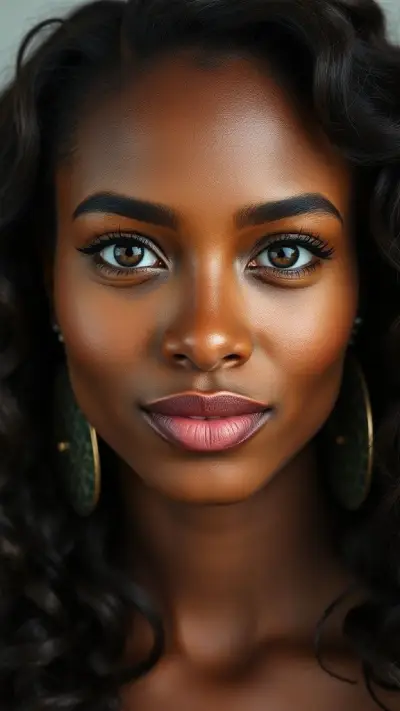 The facial anatomy of a cheerful and attractive woman in her 18's african women Natural, 50% makeup-free, captivating, shy, innocent beauty. Natural facial structure, extremely realistic anatomical skin texture. Extremely detailed, facial structure with deeply detailed skin pores and wavy black hair. Fine, deep forehead lines and sharp details. Brown iris eyes. Extremely detailed, micro-focused lashes. Extremely detailed, micro-focused, ultra-detailed black eyebrows. Small, focused nose. Extremely detailed, natural cheekbones. Detailed lips. Extremely detailed, focused pink, juicy, wet lips. Small, elegant oval chin. Beautifully detailed facial features. Anatomically defined facial line detail. Ultra-detailed processing. Micro-detailed aging pore structure. Focused, detailed earrings. Realistic, vibrant, and ultra-realistic details. Unfiltered, extremely detailed 8K Ultra HD DSLR camera 85mm lens image.