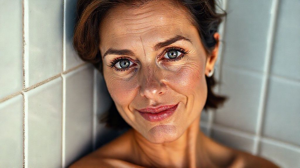 42-year-old model (toned body) (bright light gray eyes) ultra-sharp iris detail, subtle reflections, moist tear line, natural lashes, hyper-detailed face, natural skin pores, soft cheek shadows, high-resolution lash texture, realistic light on the bridge of the nose, subtle smile lines, photo realistic shading, moist full lips, soft natural sheen, deep rose color, subtle skin texture, visible lip folds, realistic light reflection, photo realistic shadows, visible scleral veins, photo realistic shadows, short wavy dark brown hair, soft skin texture, realistic nipple detail, anatomically correct placement, subtle interplay of light and shadow, woman leaning against bathroom tiles, soft cinematic lighting, Hasselblad H6D-100c, lens 85mm f/1.2, ultra-detailed skin, (realistic anatomy)