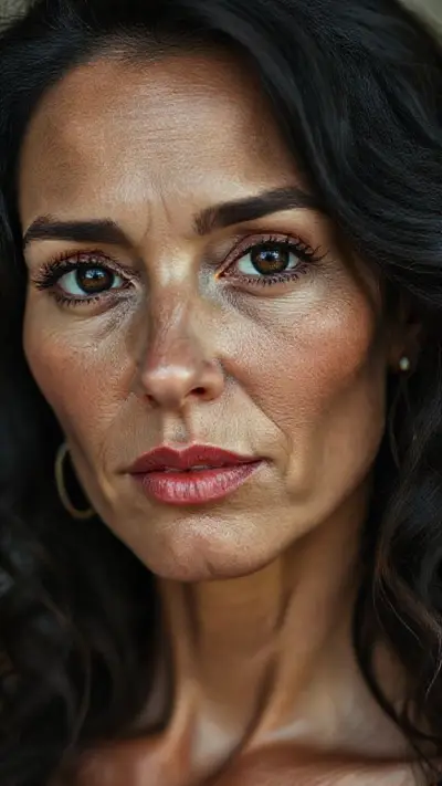 A striking and serious woman in her 40s; facial and body anatomy: Natural, 100% makeup-free, attractive, sensual, wild beauty. Natural facial structure, very realistic anatomical skin texture. Extremely detailed facial structure with deeply detailed skin pores and wavy black hair. Fine, deep forehead lines and sharp details. Black iris eyes. Extremely detailed, micro-focused lashes. Extremely detailed, micro-focused, ultra-detailed black eyebrows. Small, focused nose. Extremely detailed, natural cheekbones. Detailed lip contours. Extremely detailed, focused pink pastel wet lips. Small oval chin. Beautifully detailed facial features. Anatomically defined facial line detail. Micro-detailed facial hair. Micro-detailed aging pore structure. Ultra-detailed earrings. Slender woman. Neck (detailed anatomical micro-textures). Realistic color tones, ultra-realistic detailed photograph. Micro-detailed without screen filters (no face filter).